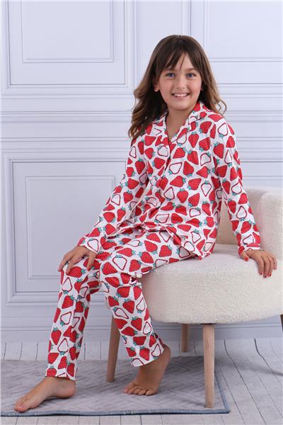 Tiril Tiril 101 Kız Çocuk Uzun Kollu Gömlek Pijama Takım-Kırmızı