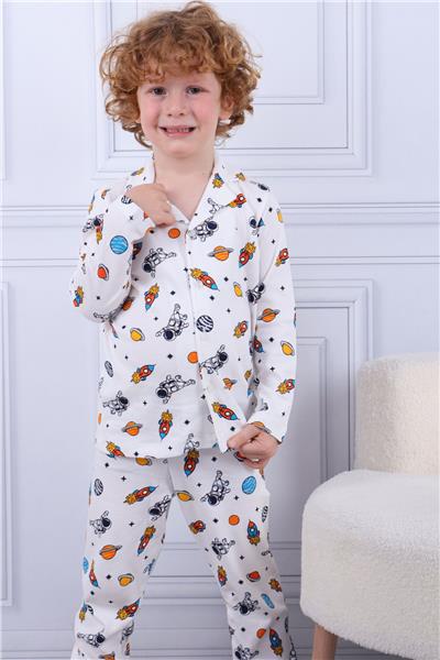 Tiril Tiril 102 Erkek Çocuk Uzun Kollu Gömlek Pijama Takım-Beyaz