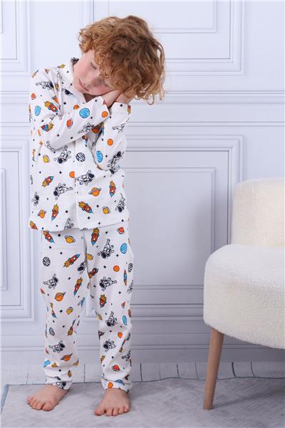 Tiril Tiril 102 Erkek Çocuk Uzun Kollu Gömlek Pijama Takım-Beyaz