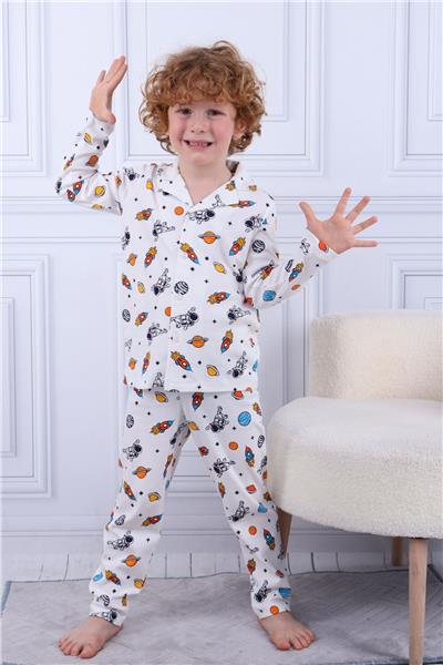 Tiril Tiril 102 Erkek Çocuk Uzun Kollu Gömlek Pijama Takım-Beyaz