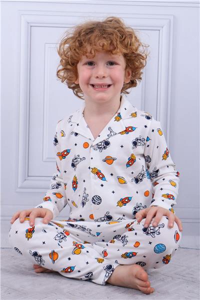 Tiril Tiril 102 Erkek Çocuk Uzun Kollu Gömlek Pijama Takım-Beyaz