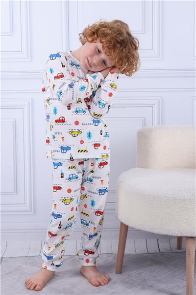 Tiril Tiril 104 Erkek Çocuk Uzun Kollu Bisiklet Yaka Pijama Takım-Beyaz