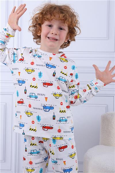 Tiril Tiril 104 Erkek Çocuk Uzun Kollu Bisiklet Yaka Pijama Takım-Beyaz