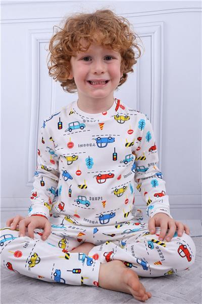 Tiril Tiril 104 Erkek Çocuk Uzun Kollu Bisiklet Yaka Pijama Takım-Beyaz