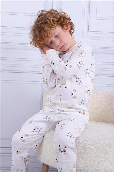 Tiril Tiril 105 Erkek Çocuk Uzun Kollu Bisiklet Yaka Pijama Takım-Beyaz