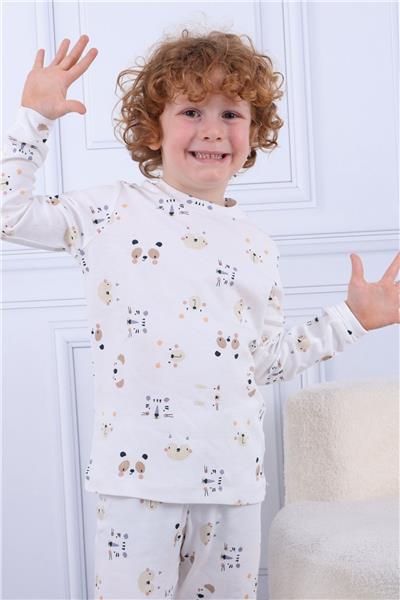 Tiril Tiril 105 Erkek Çocuk Uzun Kollu Bisiklet Yaka Pijama Takım-Beyaz