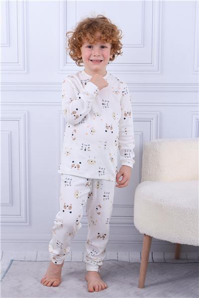 Tiril Tiril 105 Erkek Çocuk Uzun Kollu Bisiklet Yaka Pijama Takım-Beyaz