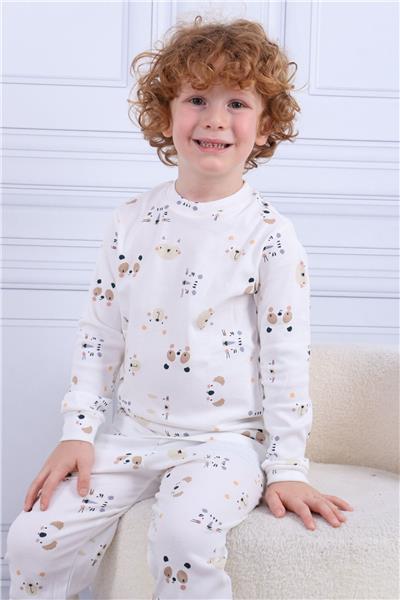 Tiril Tiril 105 Erkek Çocuk Uzun Kollu Bisiklet Yaka Pijama Takım-Beyaz