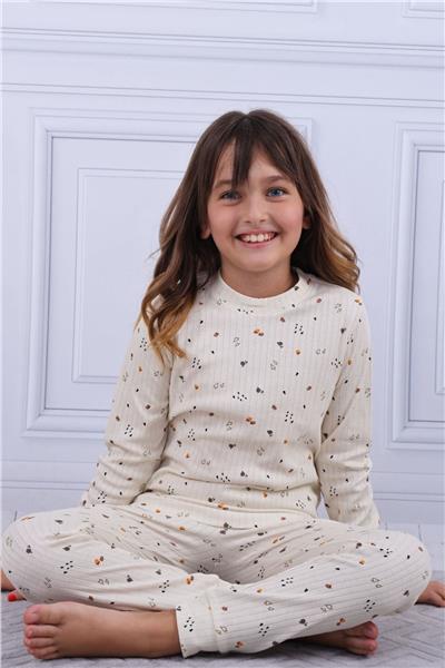Tiril Tiril 106 Kız Çocuk Uzun Kollu Bisiklet Yaka Pijama Takım-Ekru