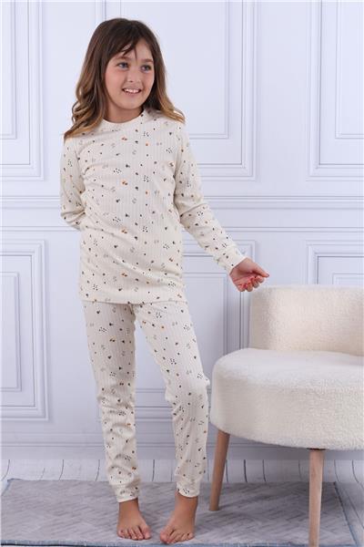 Tiril Tiril 106 Kız Çocuk Uzun Kollu Bisiklet Yaka Pijama Takım-Ekru