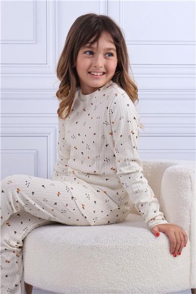 Tiril Tiril 106 Kız Çocuk Uzun Kollu Bisiklet Yaka Pijama Takım-Ekru