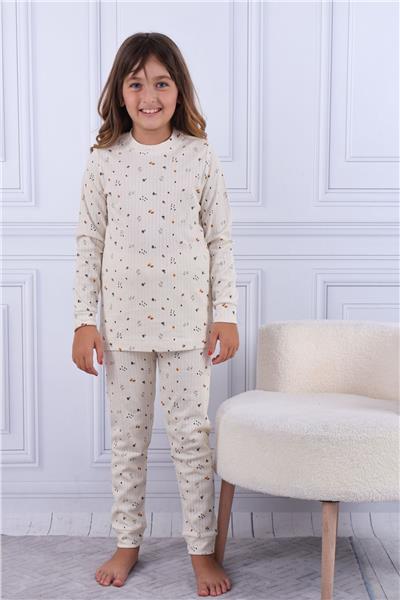 Tiril Tiril 106 Kız Çocuk Uzun Kollu Bisiklet Yaka Pijama Takım-Ekru