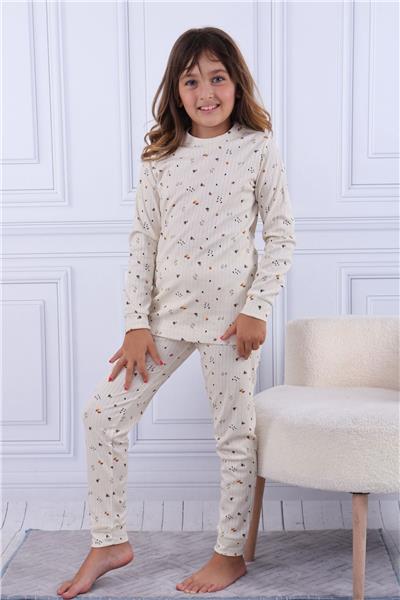 Tiril Tiril 106 Kız Çocuk Uzun Kollu Bisiklet Yaka Pijama Takım-Ekru