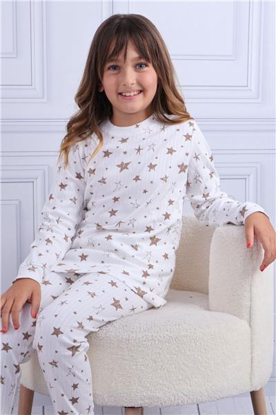 Tiril Tiril 107 Kız Çocuk Uzun Kollu Bisiklet Yaka Pijama Takım-Krem