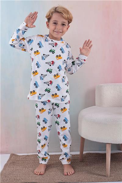 Tiril Tiril 108 Erkek Çocuk Uzun Kollu Bisiklet Yaka Pijama Takım-Beyaz