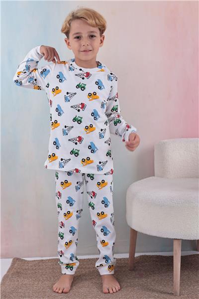 Tiril Tiril 108 Erkek Çocuk Uzun Kollu Bisiklet Yaka Pijama Takım-Beyaz