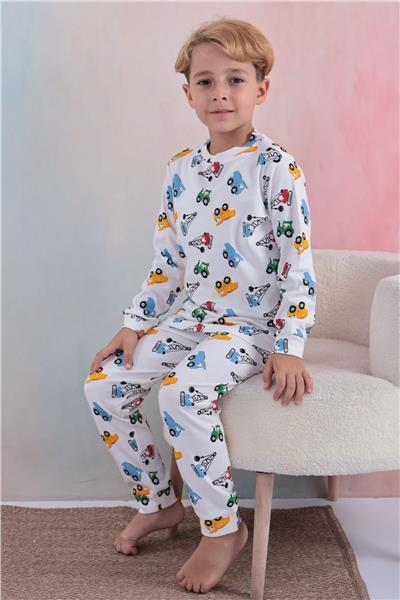 Tiril Tiril 108 Erkek Çocuk Uzun Kollu Bisiklet Yaka Pijama Takım-Beyaz
