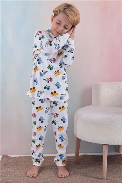 Tiril Tiril 108 Erkek Çocuk Uzun Kollu Bisiklet Yaka Pijama Takım-Beyaz