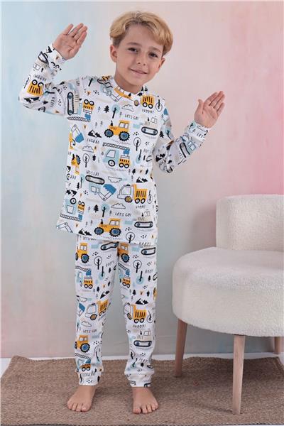 Tiril Tiril 109 Erkek Çocuk Uzun Kollu Bisiklet Yaka Pijama Takım-Beyaz