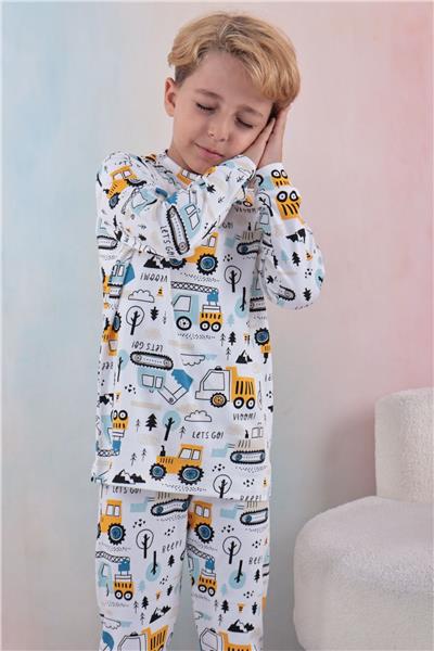 Tiril Tiril 109 Erkek Çocuk Uzun Kollu Bisiklet Yaka Pijama Takım-Beyaz