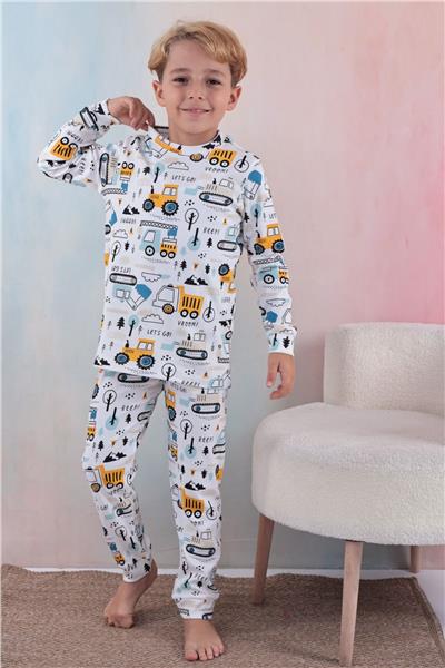 Tiril Tiril 109 Erkek Çocuk Uzun Kollu Bisiklet Yaka Pijama Takım-Beyaz