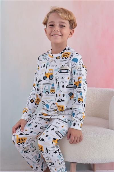 Tiril Tiril 109 Erkek Çocuk Uzun Kollu Bisiklet Yaka Pijama Takım-Beyaz