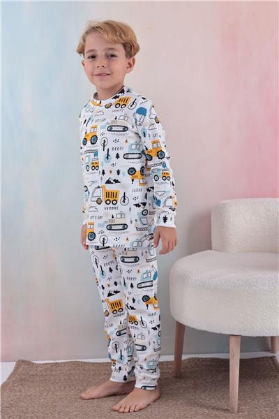 Tiril Tiril 109 Erkek Çocuk Uzun Kollu Bisiklet Yaka Pijama Takım-Beyaz