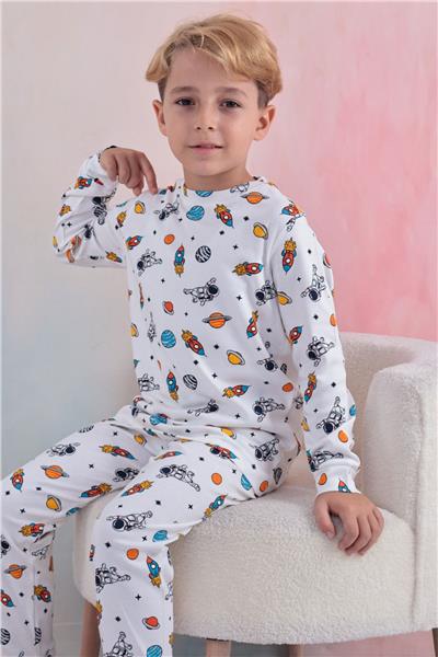 Tiril Tiril 110 Erkek Çocuk Uzun Kollu Bisiklet Yaka Pijama Takım-Beyaz