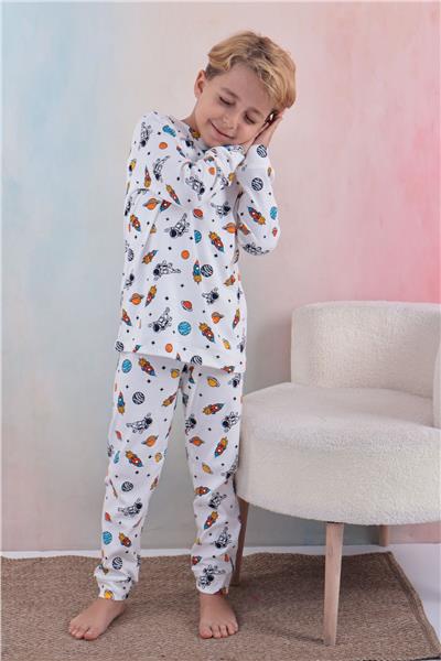 Tiril Tiril 110 Erkek Çocuk Uzun Kollu Bisiklet Yaka Pijama Takım-Beyaz