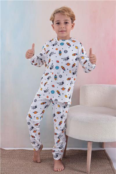 Tiril Tiril 110 Erkek Çocuk Uzun Kollu Bisiklet Yaka Pijama Takım-Beyaz