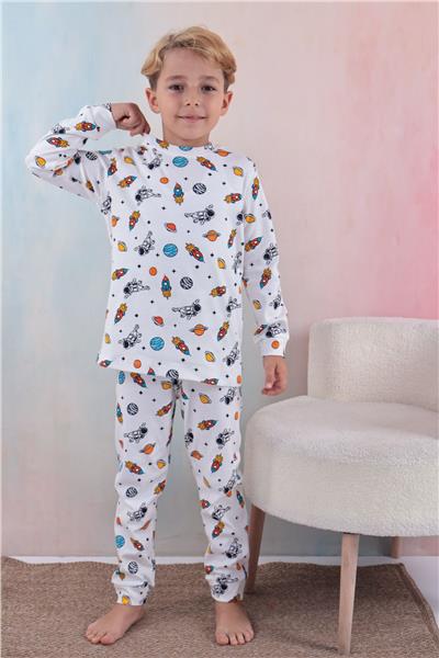 Tiril Tiril 110 Erkek Çocuk Uzun Kollu Bisiklet Yaka Pijama Takım-Beyaz