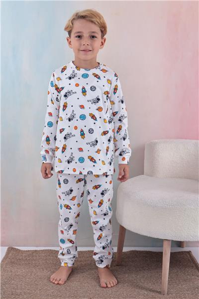 Tiril Tiril 110 Erkek Çocuk Uzun Kollu Bisiklet Yaka Pijama Takım-Beyaz