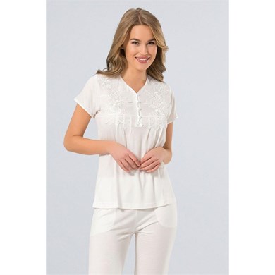 Türen 3236 Hazır Yaka Kadın Pijama Takımı  - Ekru