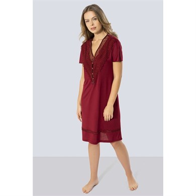 Türen 3282 Güpürlü V Yaka Gecelik  - Bordo
