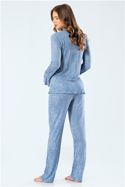 Türen 3325 Kadın Çizgili Uzun Kollu V Yaka Düğmeli Pijama Takım - İndigo