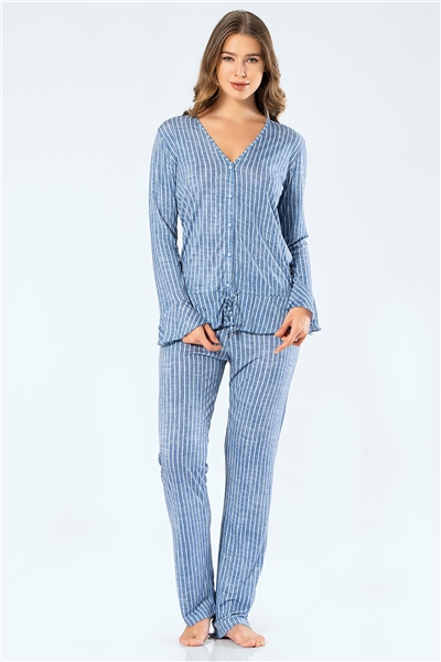 Türen 3325 Kadın Çizgili Uzun Kollu V Yaka Düğmeli Pijama Takım - İndigo