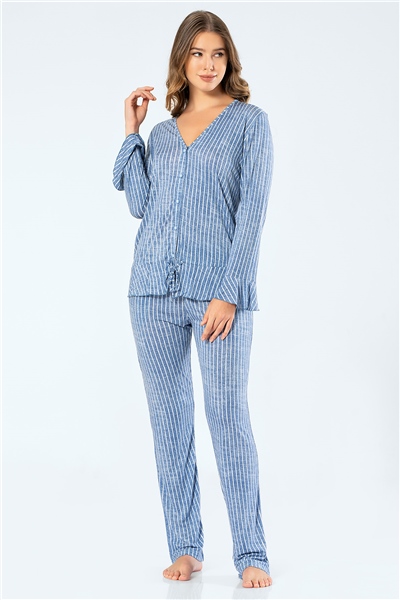 Türen 3325 Kadın Çizgili Uzun Kollu V Yaka Düğmeli Pijama Takım - İndigo