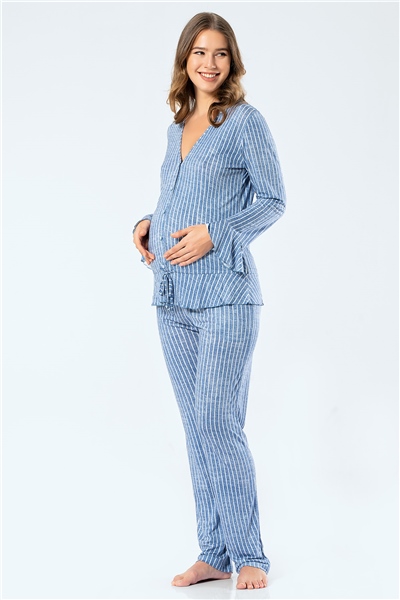 Türen 3325 Kadın Çizgili Uzun Kollu V Yaka Düğmeli Pijama Takım - İndigo