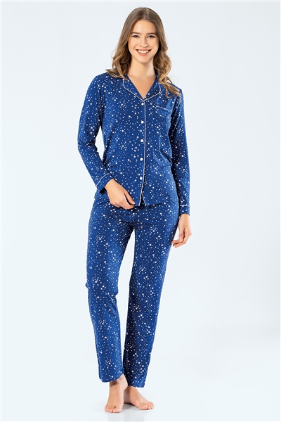 Türen 3327 Kadın Yıldızlı Uzun Kollu Gömlek Yaka Pijama Takım - Saks