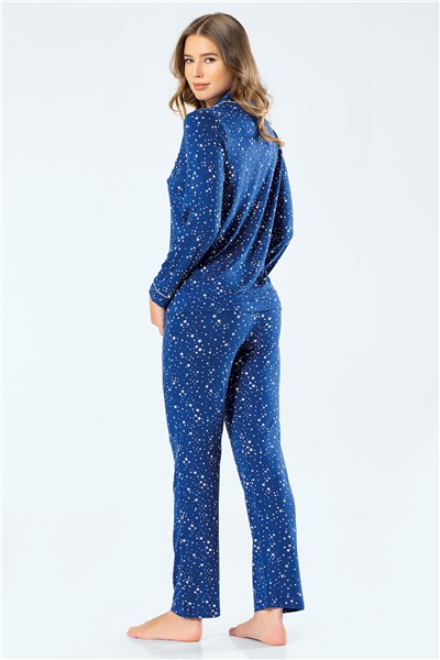 Türen 3327 Kadın Yıldızlı Uzun Kollu Gömlek Yaka Pijama Takım - Saks