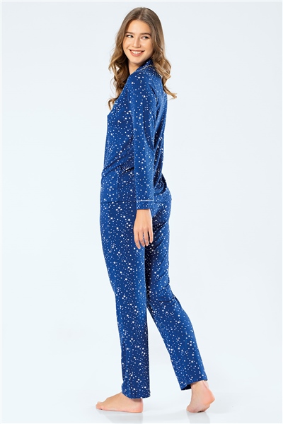 Türen 3327 Kadın Yıldızlı Uzun Kollu Gömlek Yaka Pijama Takım - Saks