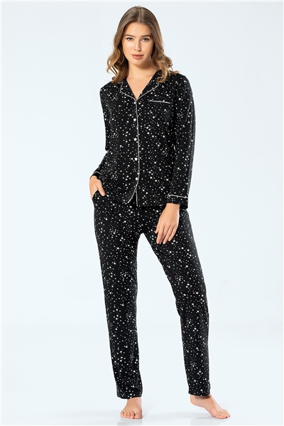 Türen 3327 Kadın Yıldızlı Uzun Kollu Gömlek Yaka Pijama Takım - Siyah