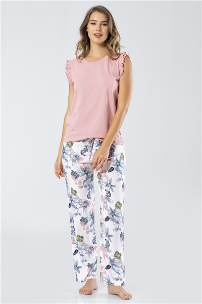 Türen 3331 Kadın Dokuma Çiçekli Kolsuz Pijama Takım - Pudra