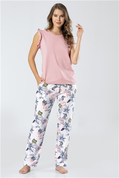 Türen 3331 Kadın Dokuma Çiçekli Kolsuz Pijama Takım - Pudra