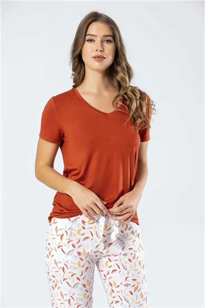 Türen 3334 Kadın Dokuma Yapraklı Kısa Kollu Pijama Takım - Kiremit