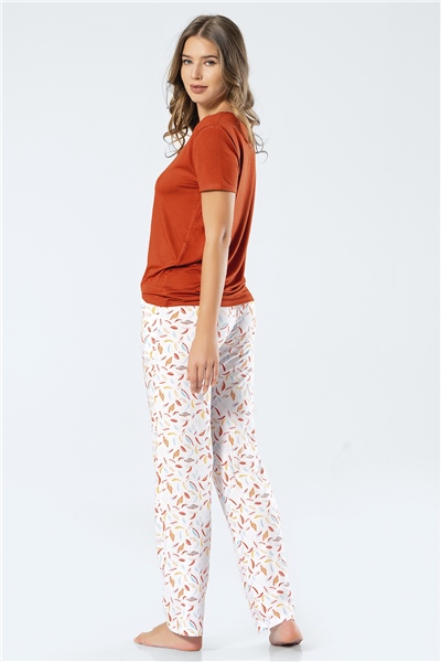 Türen 3334 Kadın Dokuma Yapraklı Kısa Kollu Pijama Takım - Kiremit