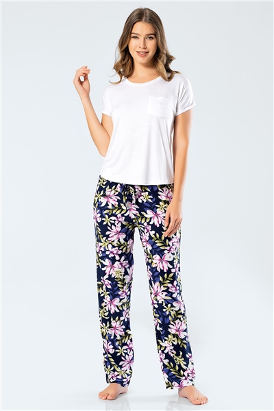 Türen 3336 Kadın Dokuma Çiçekli Kısa Kollu Pijama Takım - Lacivert