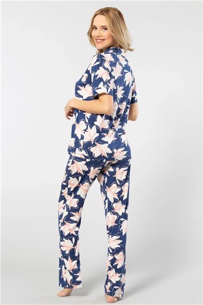 Türen 3355  Kadın Kısa Kollu Gömlek Yaka Pijama Takımı-Lacivert
