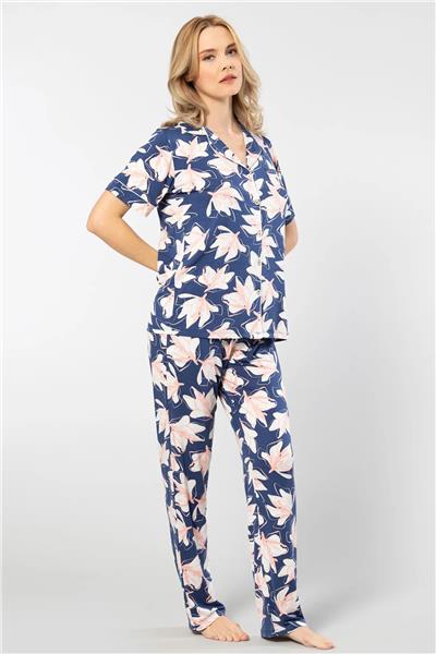 Türen 3355  Kadın Kısa Kollu Gömlek Yaka Pijama Takımı-Lacivert