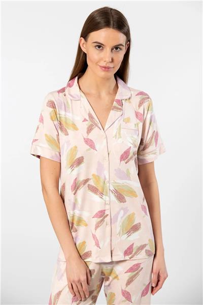 Türen 3355  Kadın Kısa Kollu Gömlek Yaka Pijama Takımı-Pudra